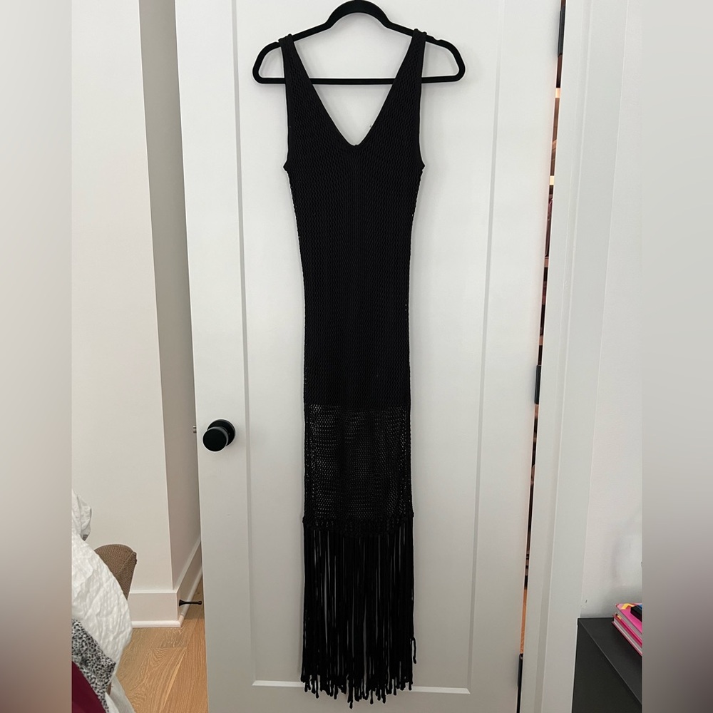 Black crochet, midi dress with fringe